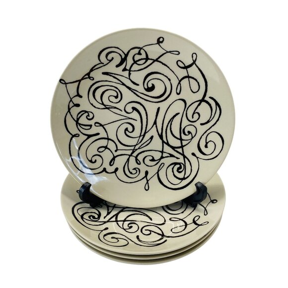Crate & Barrel Set Of 4 Black & White Swirl Design Salad Plates 8.5" Elvis Swift - Picture 2 of 8